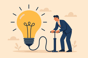 Metaphor for creating ideas. Businessman pumps up a light bulb. Creativity, innovation, and problem-solving concept. Imagination and motivation for business solutions.
