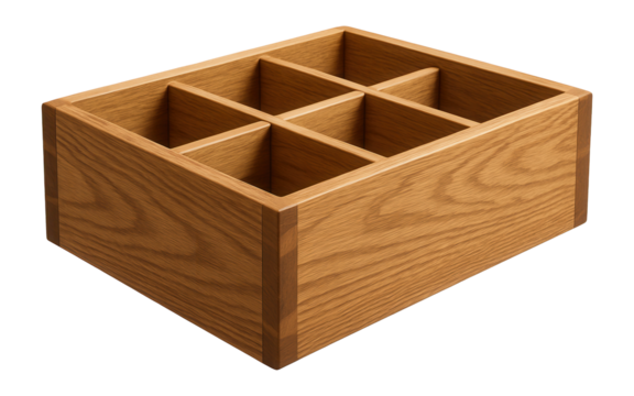 A wooden crate with removable dividers for categorizing pantry items in a cottage kitchen.