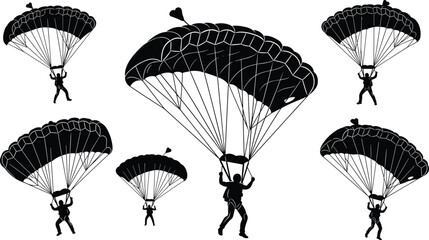 Silhouettes of skydivers with parachutes, parachuting icons collection, people flying with open canopies, extreme sport action, sky jump vector art