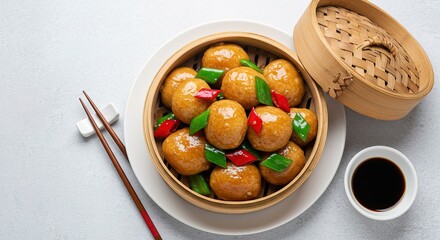 Steamed dumplings in bamboo basket with soy sauce