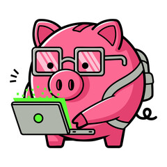 Tech Piggy Bank Character &ndash; Flat Vector of Pink Pig with Glasses Typing on Laptop, Surrounded by Binary Code, Clean White Background, Cute Financial Technology Cartoon Style Illustration