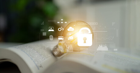 Digital cyber security lock system highlighting data security encryption, cyber password...