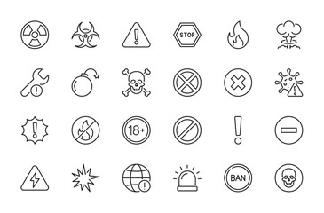 Warning icon set. Radiation, biohazard, stop, fire, nuclear explosion, age limit, forbidden, bomb, death, cross, virus, high siren, ban, danger, prohibition, etc. Vector illustration. Editable stroke.