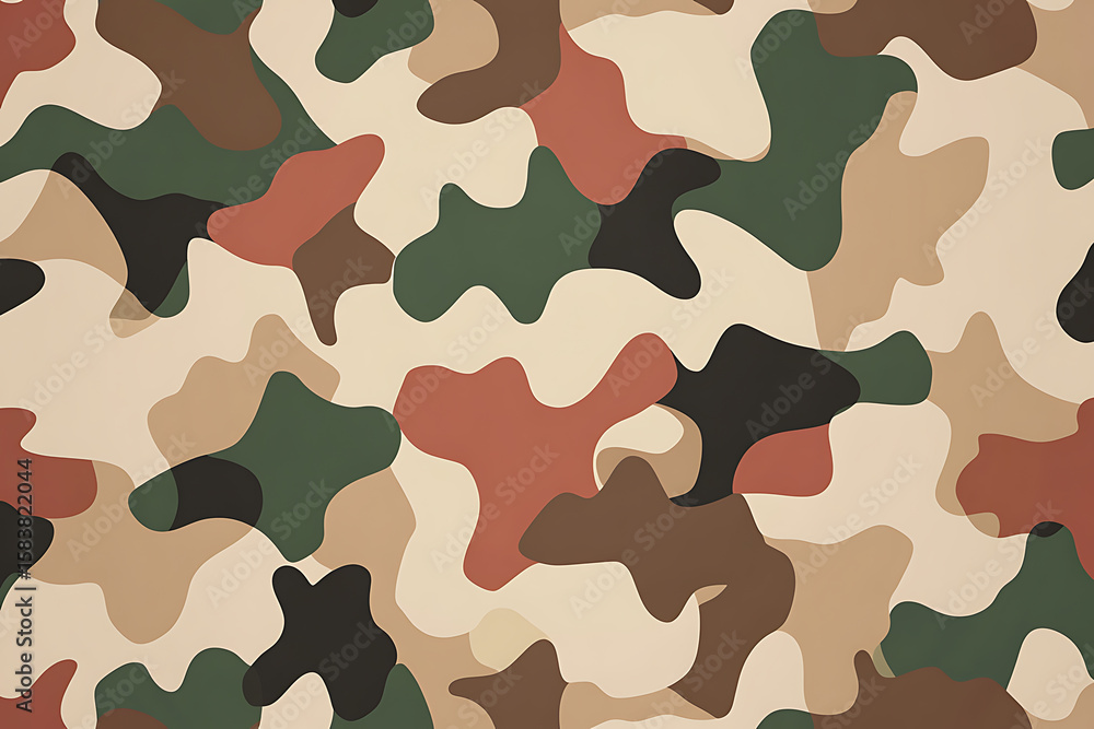 Poster abstract camouflage pattern with earthy tones. irregular shapes of brown, green, tan and red create 