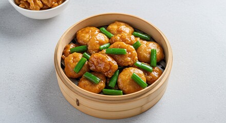 Chicken and green beans in a bamboo steamer basket