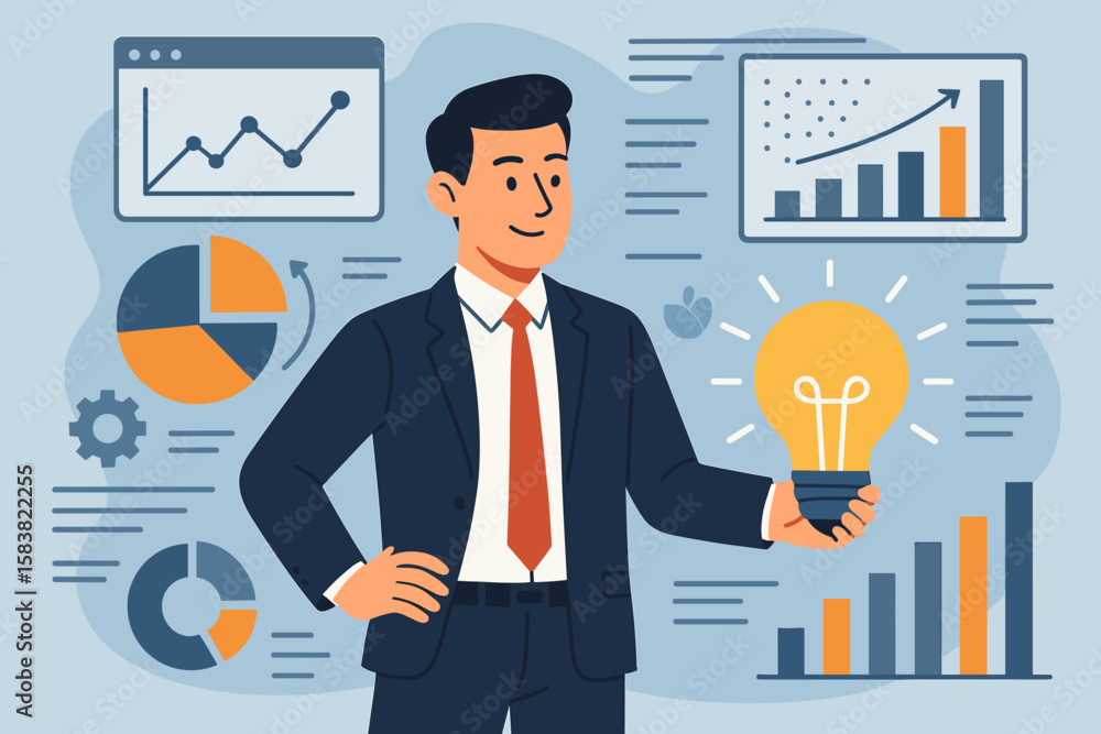 Poster business intelligence and data analysis for insight. businessman holds lightbulb with charts for str