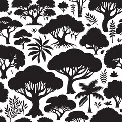 Black and White Tree Silhouettes Seamless Pattern