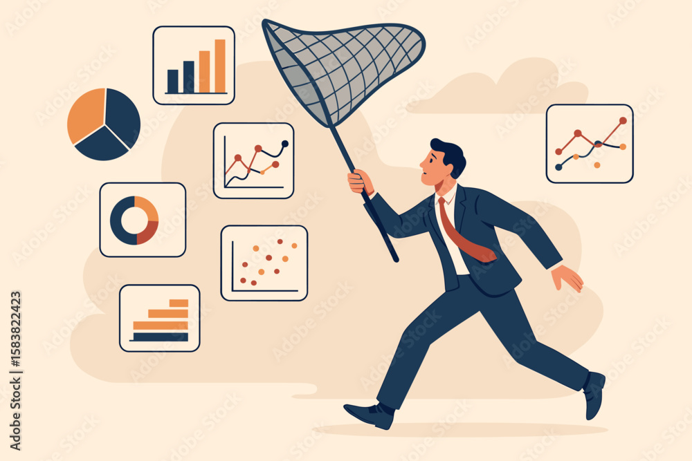 Poster data collection, statistics, and information research concept. businessman with a net catching diagr