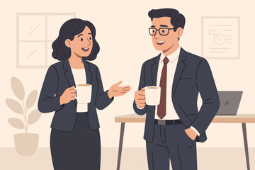 Coffee break business discussion. Businessman and businesswoman colleagues brainstorming after a meeting. Corporate communication and teamwork concept vector illustration.