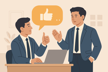 Fototapeta premium Businessmen communication concept. Positive feedback and approval. Employee satisfaction and teamwork. Customer review and opinion for improvement. Man gives thumbs up for good job.