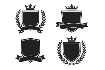 Vector set of coats of arms templates. Black heraldic shields with royal crowns, laurel wreaths, and ribbons for logos. Medieval insignia, security emblems, and luxury badges.