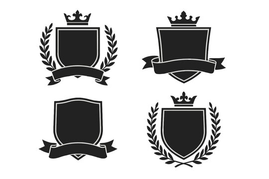 Vector set of coats of arms templates. Black heraldic shields with royal crowns, laurel wreaths, and ribbons for logos. Medieval insignia, security emblems, and luxury badges.