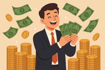 Happy businessman millionaire earns money. Making profit from investment, savings, or salary increase. Concept of getting rich, financial success, and wealth growth.