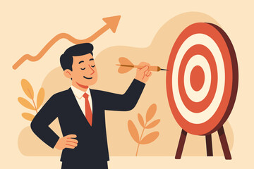 Confident businessman aiming dart at target. Metaphor for achieving business goals, marketing strategy, and success. Concept of focus, skill, and objective perfection.