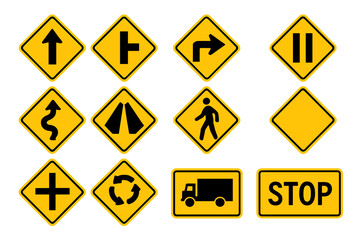 Comprehensive Set of Yellow Road Traffic Warning Signs Vector Illustration &ndash; Curves, Intersections, Pedestrian, Roundabout, Truck, Stop, Arrow, Merge, Transparent Background