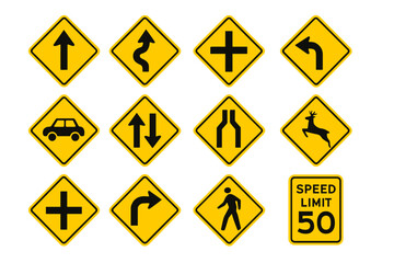 Vector Illustration of Road Traffic Yellow Warning Signs on Transparent Background, Curves, Intersections, Speed Limit, Pedestrian and Wildlife Crossing Symbols