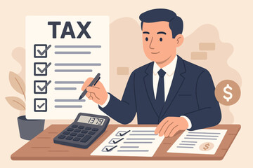 Businessman Filing Income Tax, Calculating Revenue, Completing Tax Forms, Expert Checklist for Deductions, Refunds, and Payments, Financial Advisor, Tax Season Concept Illustration