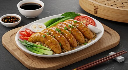 Glazed sausages on noodles with vegetables and sauces
