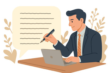 Businessman Writing Email, Effective Written Communication, Professional Handwriting, Digital Messaging, Office Success, Manuscript Concept, Corporate Communication Skills, Workplace Productivity