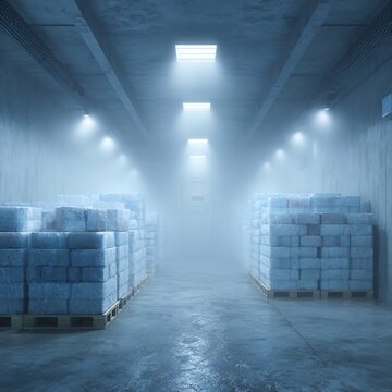 Mysterious cold storage facility illuminated with rows of lights and palletized product
