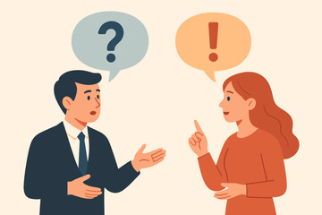 Business Communication Concept: Question and Answer, FAQ, Problem Solving, Solution and Support Idea, Businessman and Woman with Exclamation Mark and Question Mark, Office Discussion