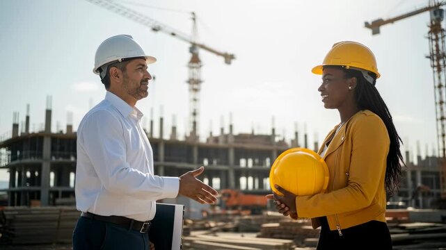 Engineers shaking hands at a bustling construction site, with cranes and an under construction building in the background, represent successful industry collaboration