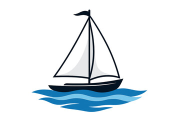 Sailboat on Ocean Waves Vector Illustration, Nautical Marine Adventure, Sailing Yacht with Sails and Flag, Blue Water, Seafaring Travel, Isolated Transparent Background, Maritime Transport Concept