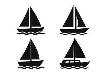 Sailing Boat Silhouette Vector Icons Set – Nautical Black Sailboat Symbols, Simple Marine Yacht Illustrations, Isolated on Transparent Background, Water Wave Elements, Minimalist Design
