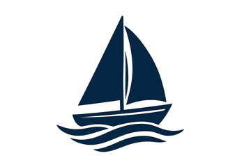 Minimalist Sailboat Silhouette Vector, Nautical Ocean Waves, Simple Marine Yacht Icon, Blue Sailing Boat Clipart, Sea Adventure, Maritime Travel, Isolated Transparent Background