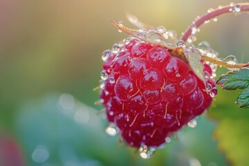 Fresh raspberry glistening with dew drops in a vibrant garden setting during morning light