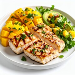 Grilled fish paired with tropical mango and avocado salsa dish displayed on white background