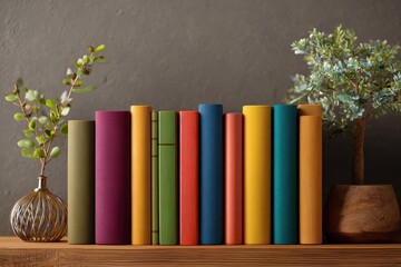 Naklejka premium Colorful hardcover books neatly arranged on a wooden shelf beside decorative plants in a cozy indoor setting
