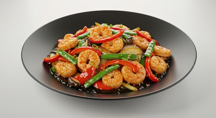 Plate of shrimp stir fry with vegetables close up view