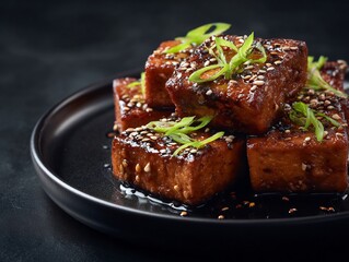 Fototapeta premium Korean soy braised tofu glossy brown glaze sesame seed green onion garnish black plate close up