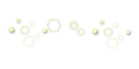 A minimalist abstract design featuring a scattered arrangement of light yellow hexagonal outlines and solid shapes, casting subtle shadows on a pure white background,creating a soft, geometric pattern