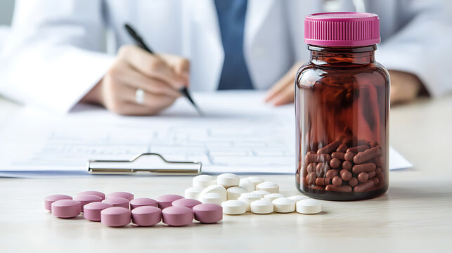 Doctor's Desk: Medication, Prescription, and Care. A medical professional reviews a patient's health, surrounded by various pills for treatment and wellness.