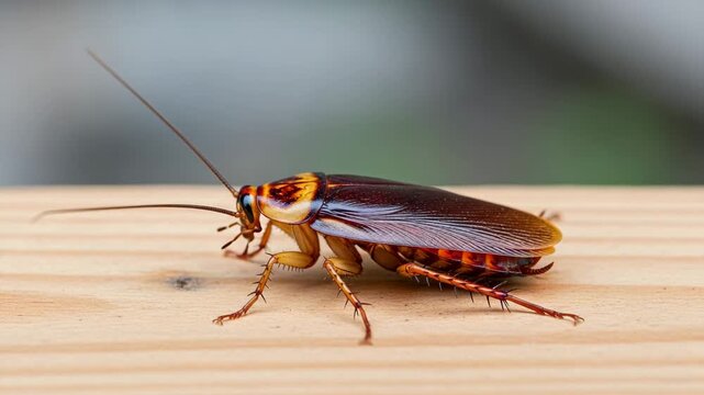 A cockroach crawls on a wooden surface in a house