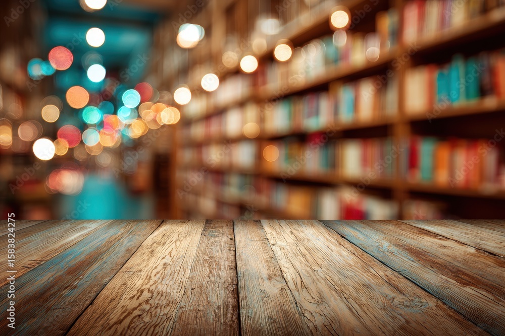 Poster wooden floor in front of a blurred bookshelf background creating a cozy and inviting atmosphere for 