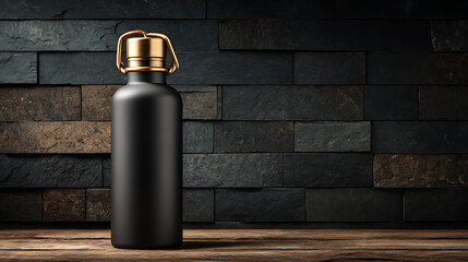 Matte Black Water Bottle with Gold Cap on Rustic Wooden Surface Against Dark Stone Brick Wall Background