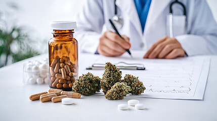 Doctor reviewing alternative medicine: pills, buds, and medical charts. Healthcare professional exploring alternative treatment options.