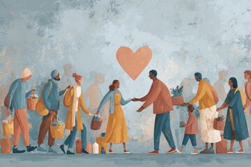 Naklejka premium Heartwarming gathering of people sharing kindness and supplies in a community effort during a sunny afternoon