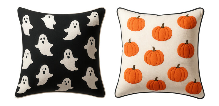 A set of Halloween-themed throw pillows featuring ghosts and pumpkins, ideal for adding a festive touch to the living room sofa in an apartment.