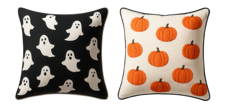 A set of Halloween-themed throw pillows featuring ghosts and pumpkins, ideal for adding a festive touch to the living room sofa in an apartment.
