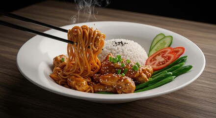 Close up of chicken and noodles on a white plate