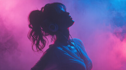 Silhouetted woman in neon smoke dancing with headphones at night