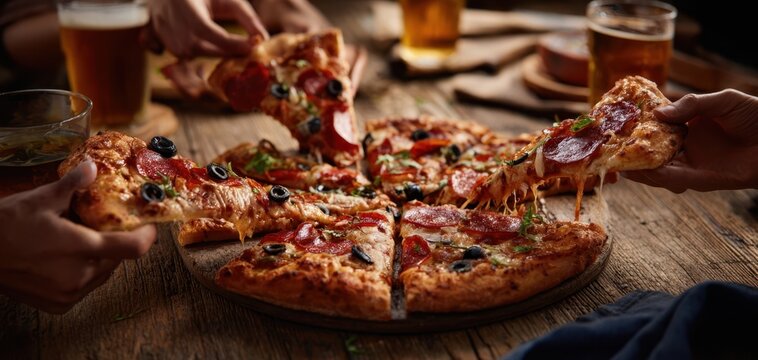 The delicious pizza with pepperoni and olives shared among friends.