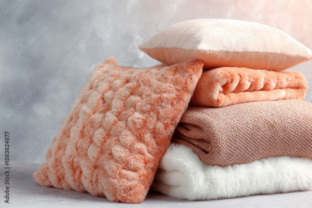 Poster cozy soft plush pillows and blankets arranged neatly in warm pea tones create a relaxing atmosphere 