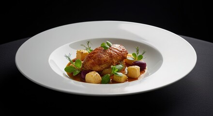 Plated chicken breast with cubed potatoes and greens
