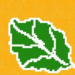 Pixel art green leaf on yellow background with textured surface  