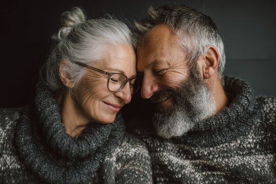 Cheerful mature couple enjoying a moment of affection while wearing cozy sweaters in a warm indoor setting - Powered by Adobe
